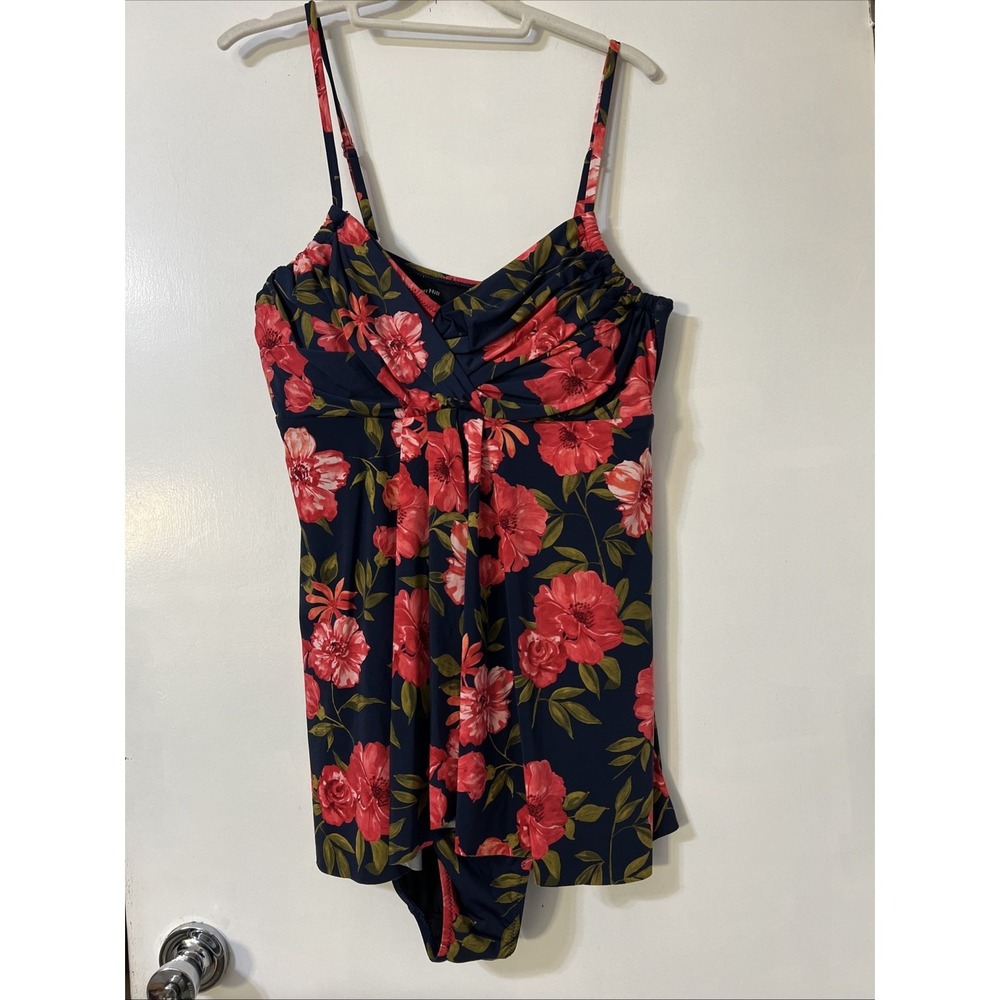 GARNET HILL FLORAL 1 PC RUCHED OVERLAY‎ SWIMSUIT WOMENS SZ 16